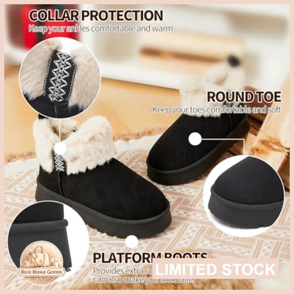 Faux Fur Lined Platform Snow Boots Slip On Ankle Booties Winter Warm Fuzzy - Picture 5 of 7